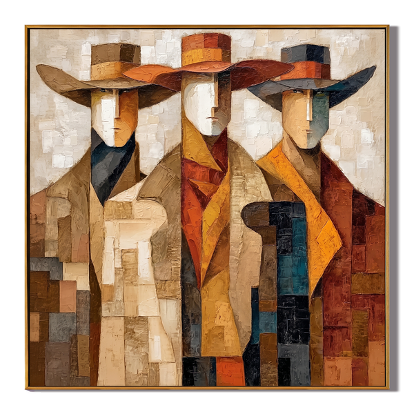 Echoes of the Wild – Modern Cubist Western Figures Oil Painting | Retro Earth Tone Geometric Office Decor