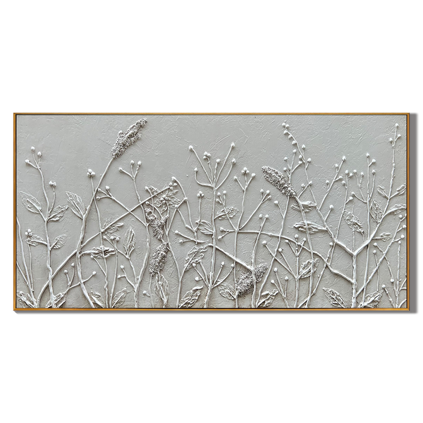 Meadow Breeze – White Botanical Relief Floral Painting | Contemporary Botanical Bedroom & Living Room Art