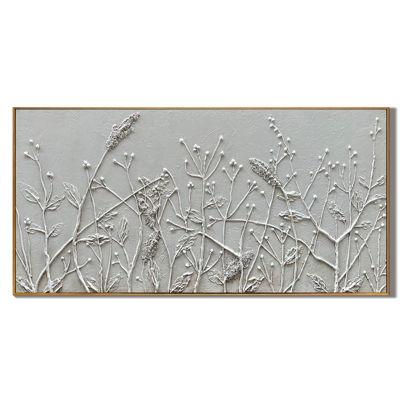 Meadow Breeze – White Botanical Relief Floral Painting | Contemporary Botanical Bedroom & Living Room Art
