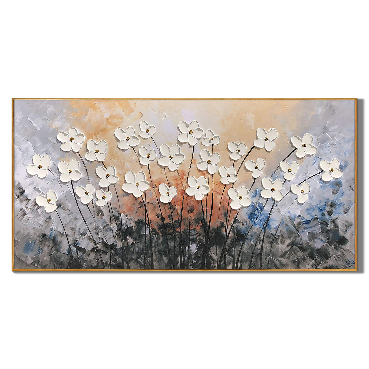 AMBER RADIANCE: Panoramic 3D Heavy Texture Floral Wall Art, Sunset Background Flower Relief