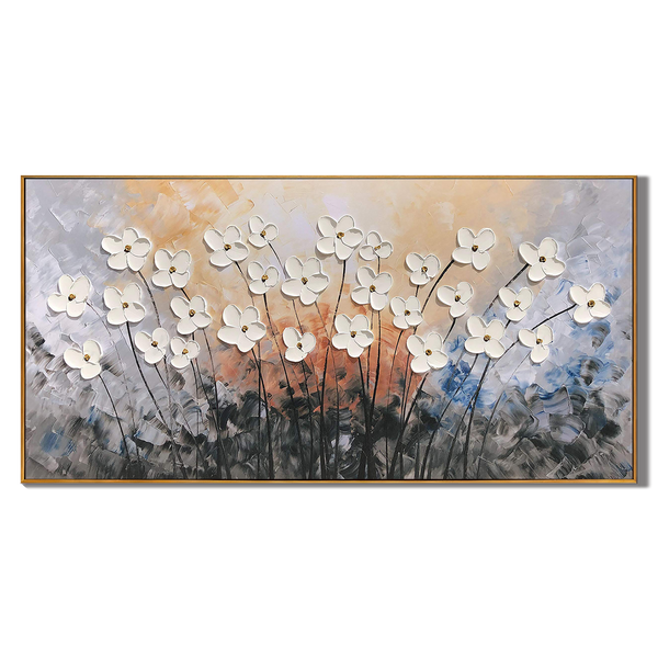 Amber Radiance – Sunset Background Flower Relief Floral Painting | Contemporary Botanical Bedroom & Living Room Art