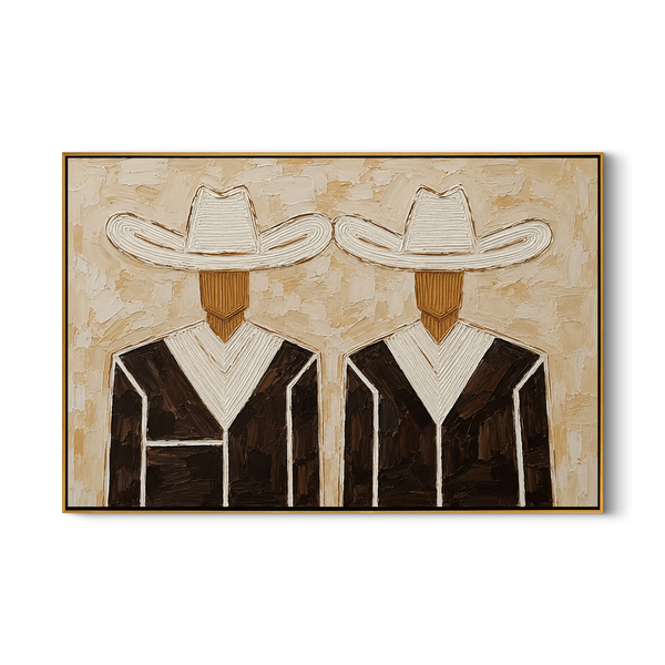 White Sombrero Pair – Vintage Americana Two Cowboy Portrait Painting | Rustic Living Room Art