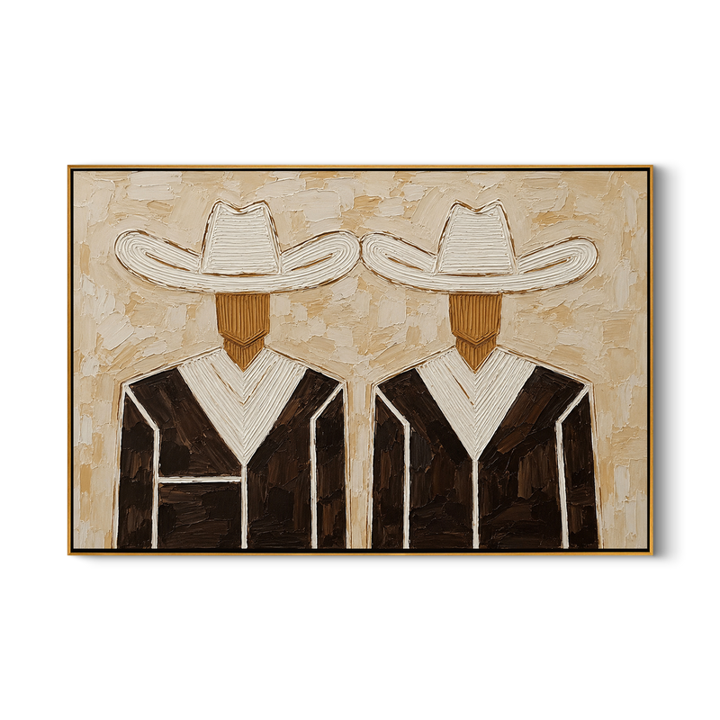 White Sombrero Pair – Vintage Americana Two Cowboy Portrait Painting | Rustic Living Room Art