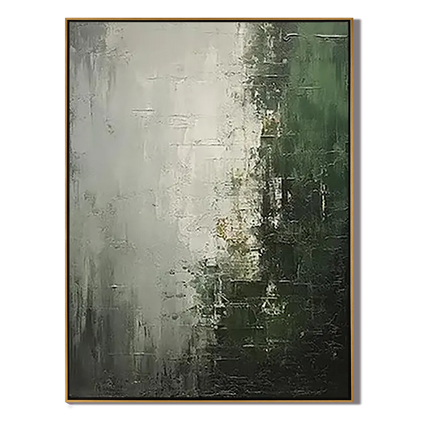Forest Mist – Hand-Painted Dark Green and Grey Plaster Effect Wabi-Sabi Painting | Contemporary Landscape Living Room & Dining Room Art