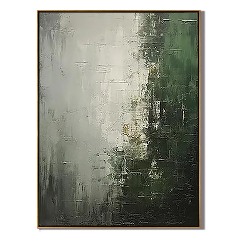 Forest Mist – Hand-Painted Dark Green and Grey Plaster Effect Wabi-Sabi Painting | Contemporary Landscape Living Room & Dining Room Art