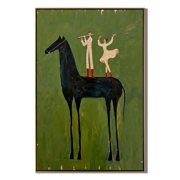 The Forest Serenade – Magical Realism Olive Green Painting | Whimsical Vertical Dining Room Art