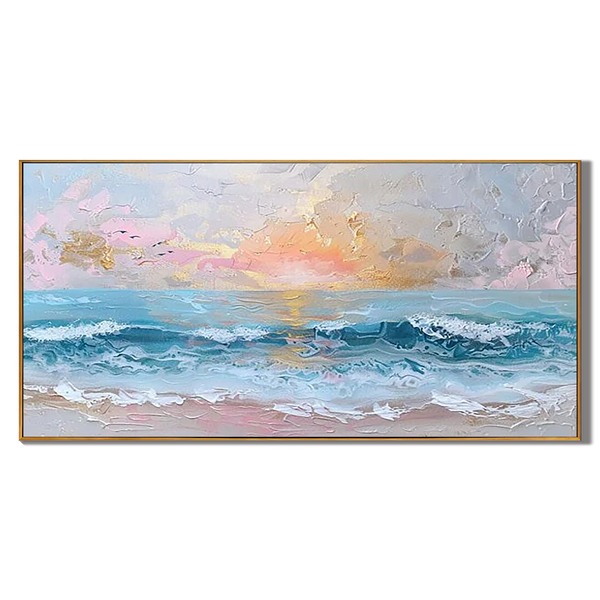 Pastel Sunset – Hand-Painted Sunset Ocean Wave Palette Knife 3D Seascape Painting | Coastal Modern Living Room & Bedroom Art