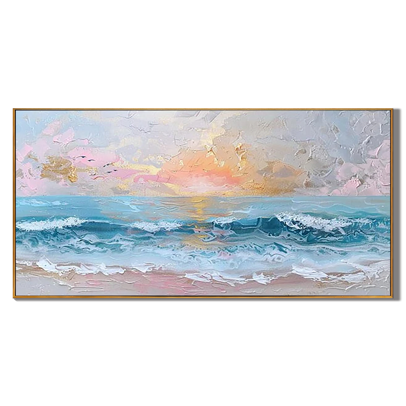 Pastel Sunset – Hand-Painted Sunset Ocean Wave Palette Knife 3D Seascape Painting | Coastal Modern Living Room & Bedroom Art