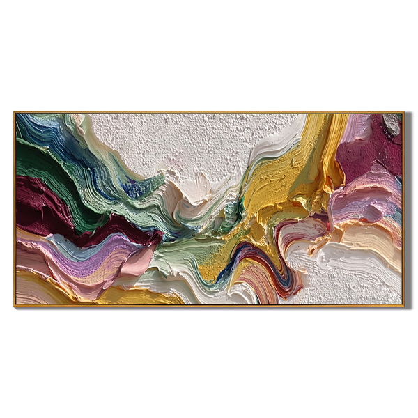 Chromatic Echo – Modern Impasto Heavy Texture Abstract Painting | Bohemian Horizontal Living Room Art
