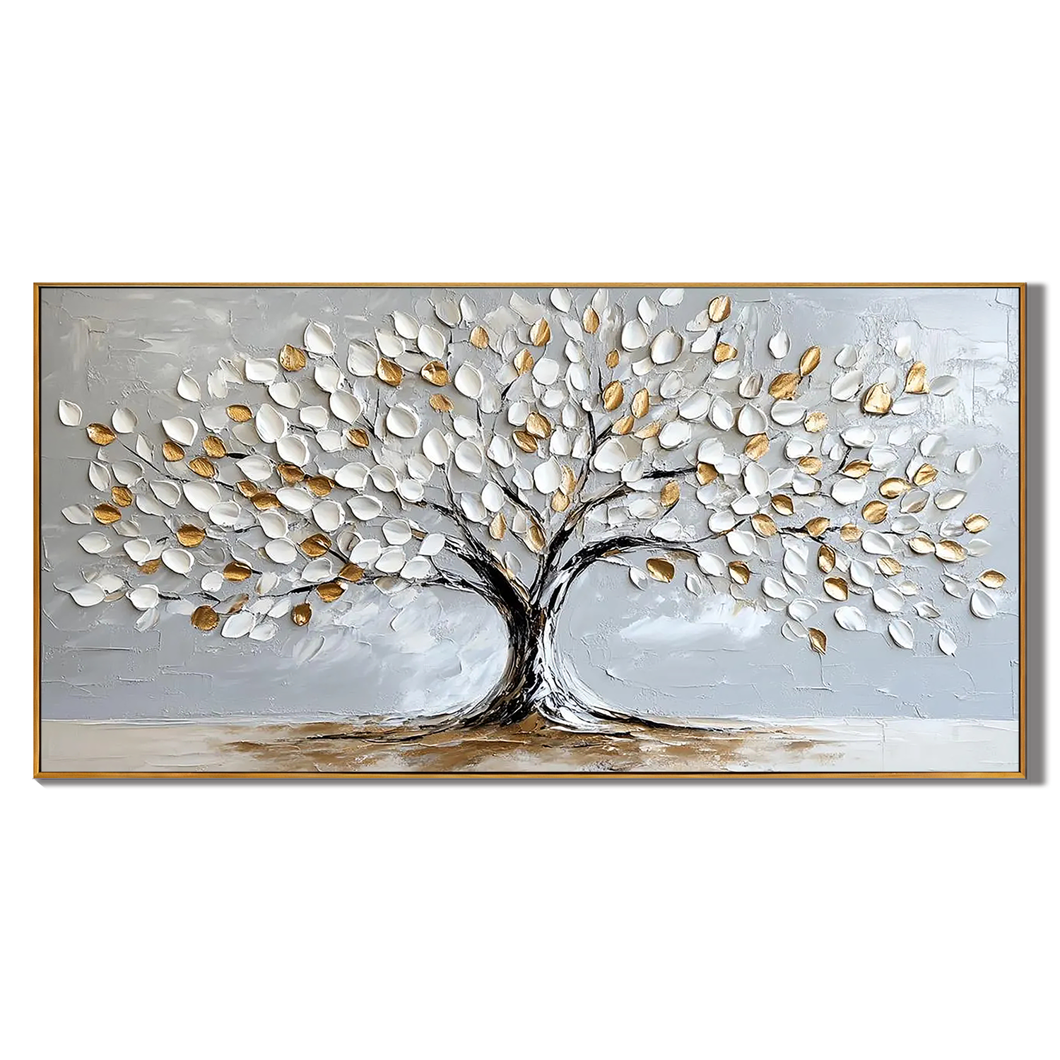 GOLDEN VIGOR: Panoramic 3D Heavy Texture Tree Wall Art, White & Gold Relief Blossom