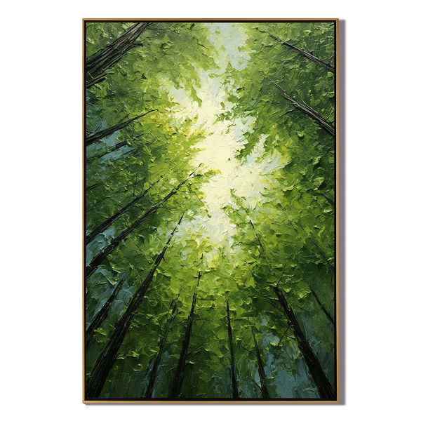 Emerald Canopy – Hand-Painted Worm's-Eye View Green Tree Sunlight Palette Knife Forest Painting | Contemporary Landscape Living Room & Dining Room Art
