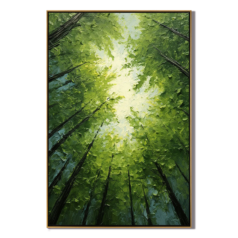 Emerald Canopy – Hand-Painted Worm's-Eye View Green Tree Sunlight Palette Knife Forest Painting | Contemporary Landscape Living Room & Dining Room Art
