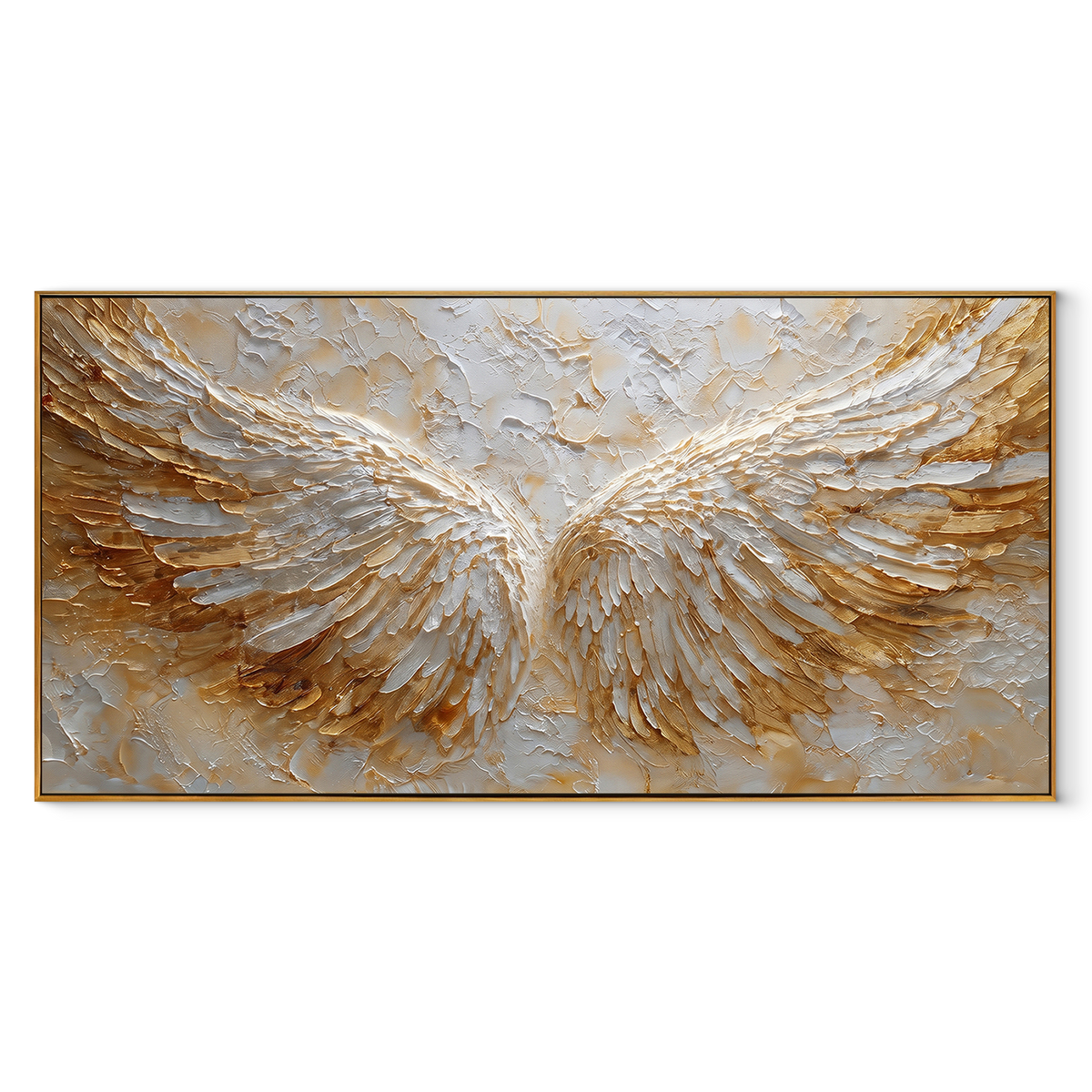 Wings Rise from Gold – White Gold Wing Relief Painting | Modern Horizontal Wall Art