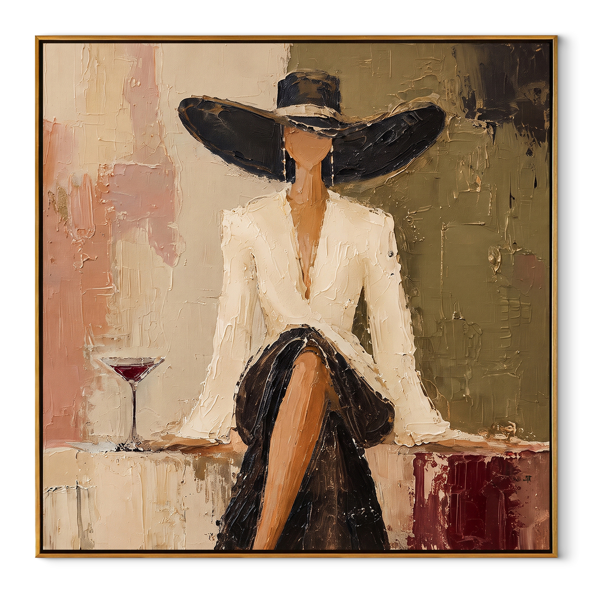Black Brim Ivory Toast – Elegant Woman with Wine Painting | Retro Fashion Vertical Wall Art