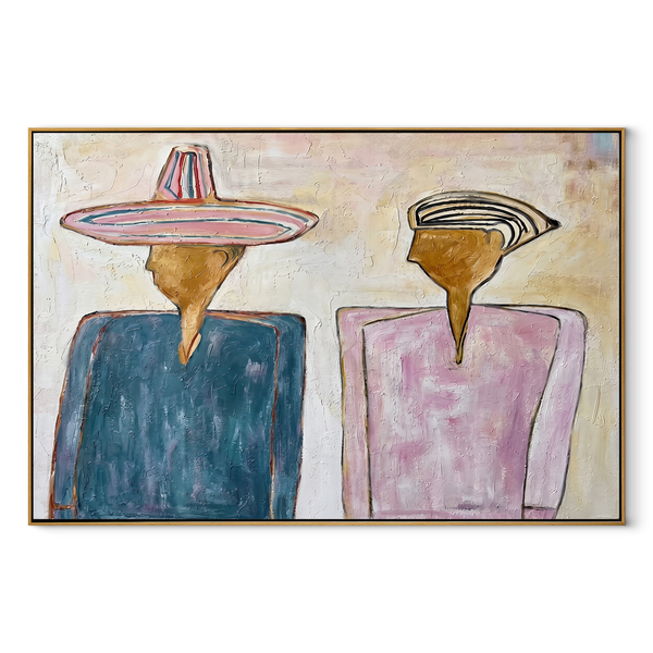 Two Silhouettes Hold Space – Blue Pink Figures Painting | Modern Figurative Horizontal Wall Art