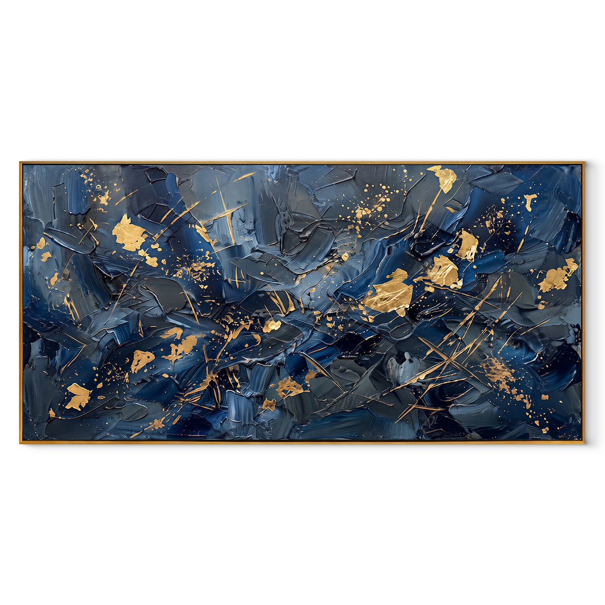 Gold Signals at Midnight – Navy Gold Abstract Painting | Modern Horizontal Wall Art