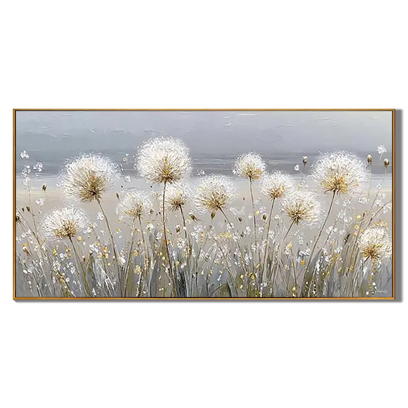 Wishful Fields – Hand-Painted White Dandelion Impressionist Floral Painting | Contemporary Botanical Bedroom & Living Room Art
