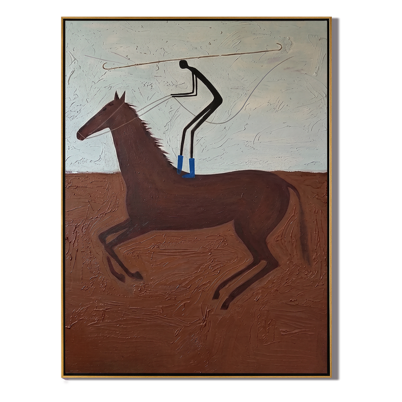 Polo At Full Gallop – Vintage Americana Abstract Rider on Brown Horse Painting | Minimalist Hallway Art