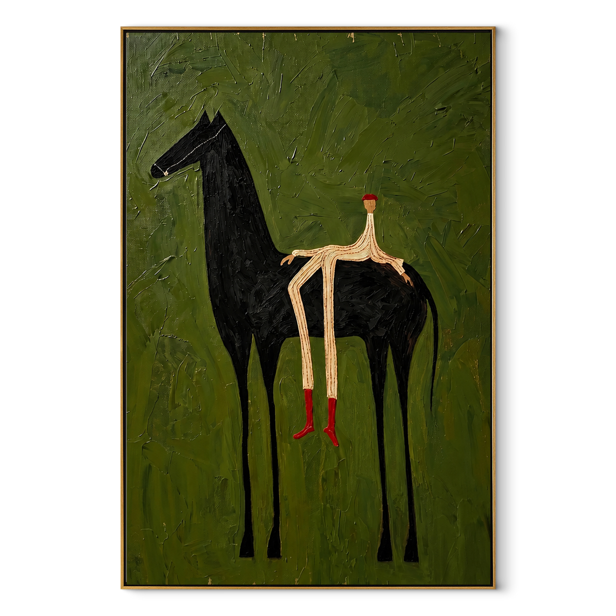 The Solitary Dreamer – Surrealistic Black Horse & Red Boots Painting | Modern Minimalist Living Room Art