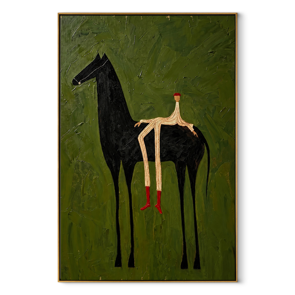 The Solitary Dreamer – Surrealistic Black Horse & Red Boots Painting | Modern Minimalist Living Room Art