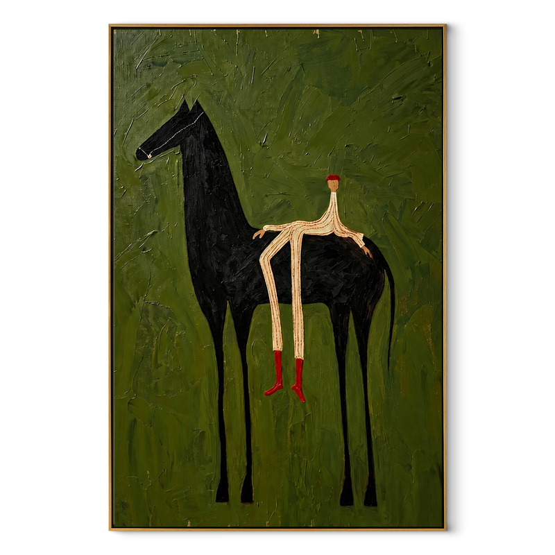 The Solitary Dreamer – Surrealistic Black Horse & Red Boots Painting | Modern Minimalist Living Room Art
