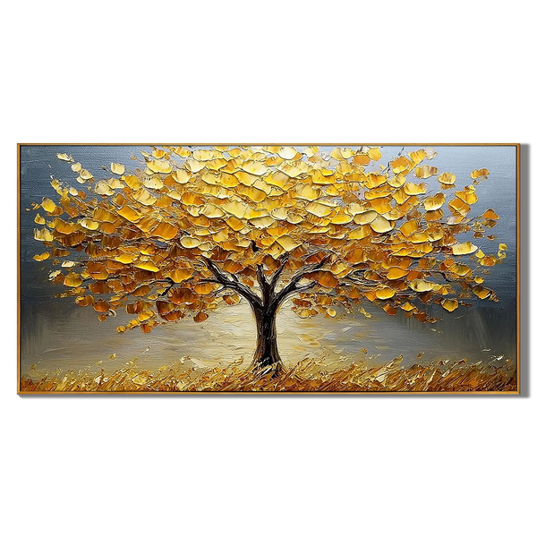 Golden Abundance – Hand-Painted Impasto Yellow Leaf Tree Painting | Modern Luxury Metallic Living Room & Hotel Art