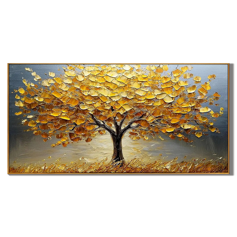 Golden Abundance – Hand-Painted Impasto Yellow Leaf Tree Painting | Modern Luxury Metallic Living Room & Hotel Art