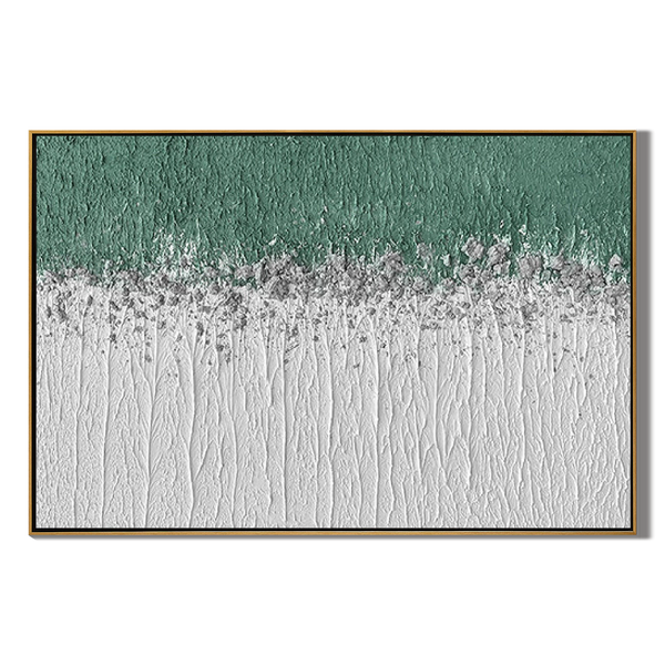 Misty Meadow – Panoramic Linear Texture Art | Heavy Impasto Green & White Abstract Living Room Decor