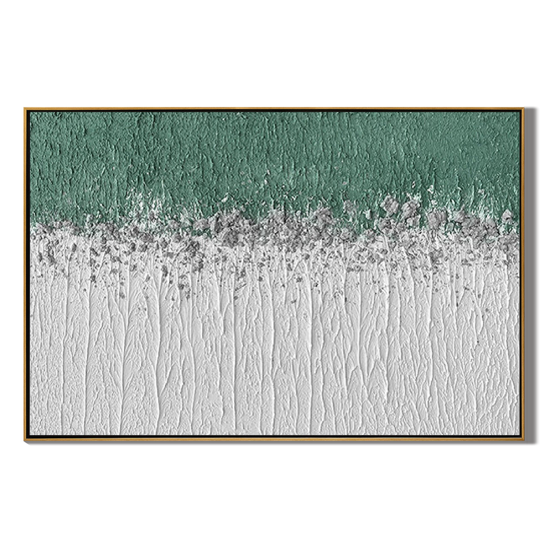 Misty Meadow – Panoramic Linear Texture Art | Heavy Impasto Green & White Abstract Living Room Decor