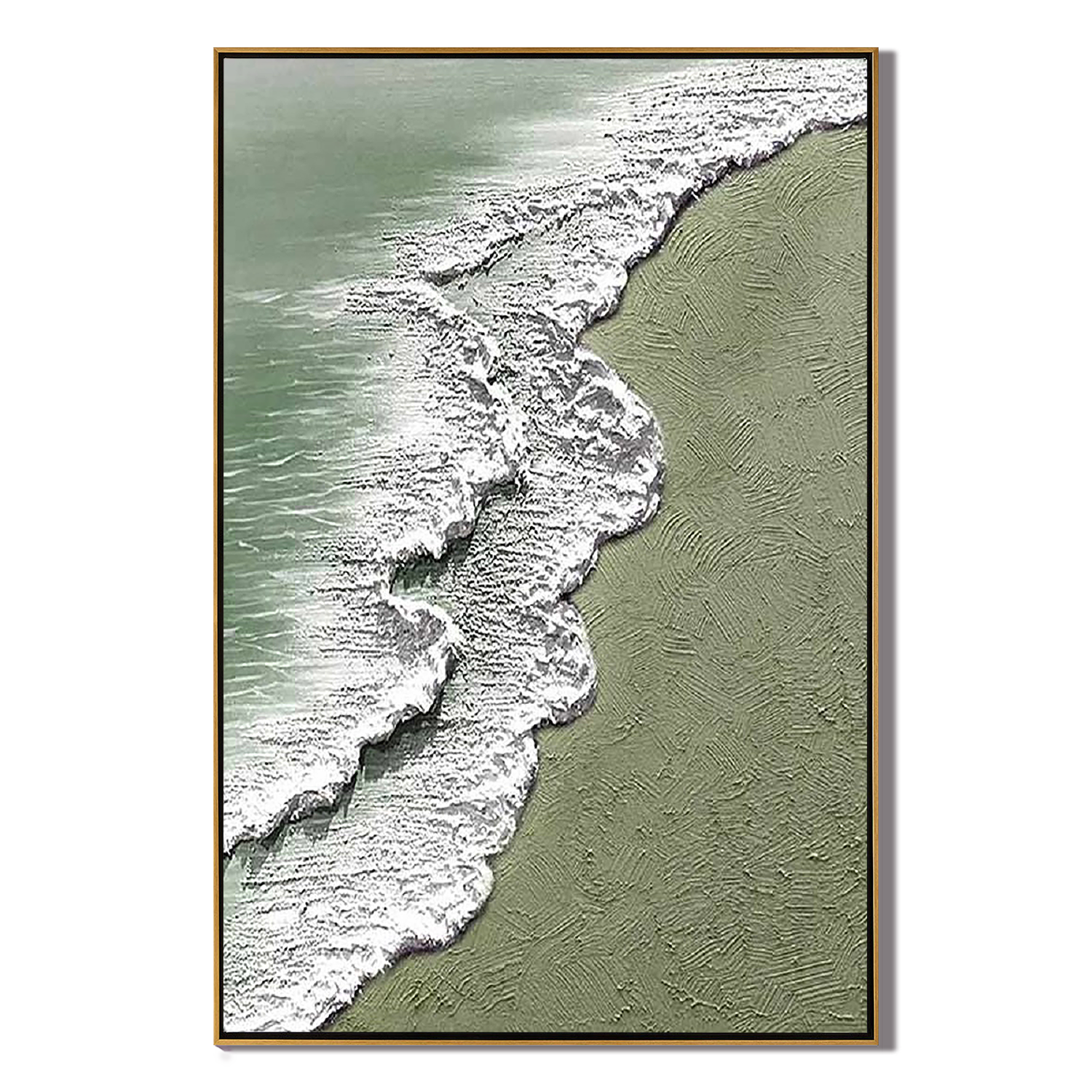 The Silent Shore – Modern Textured Painting | Creative Wabi-Sabi Sage Green Ocean Wave Hallway Art