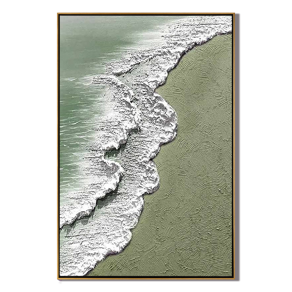The Silent Shore – Modern Textured Painting | Creative Wabi-Sabi Sage Green Ocean Wave Hallway Art
