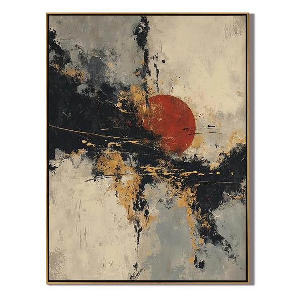 Zen Rising – Red Sun & Golden Texture Oil Abstract Painting | Modern Abstract Living Room & Office Art