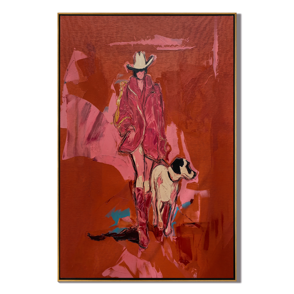 Best Companion – Cowgirl with White Dog Painting | Vintage Americana Vertical Art