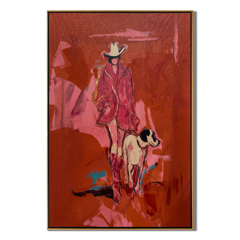 Best Companion – Cowgirl with White Dog Painting | Vintage Americana Vertical Art