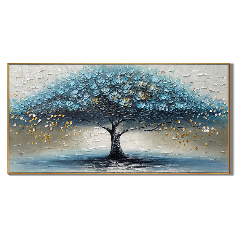 Azure Canopy – Hand-Painted Blue and Grey Palette Knife Heavy Texture Canvas Oil Tree Painting | Modern Abstract Living Room & Office Art