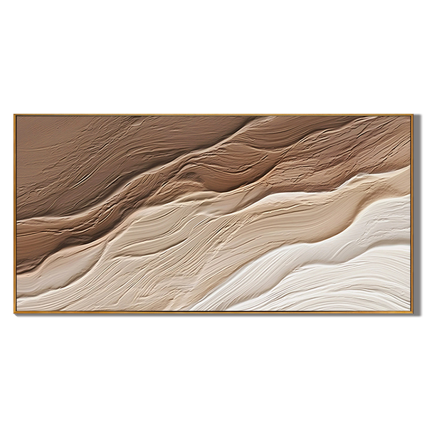 Sedimentary Flow – Hand-Painted Chocolate and Oat Linear Plaster Relief Texture Painting | Contemporary Plaster Texture Living Room & Office Art