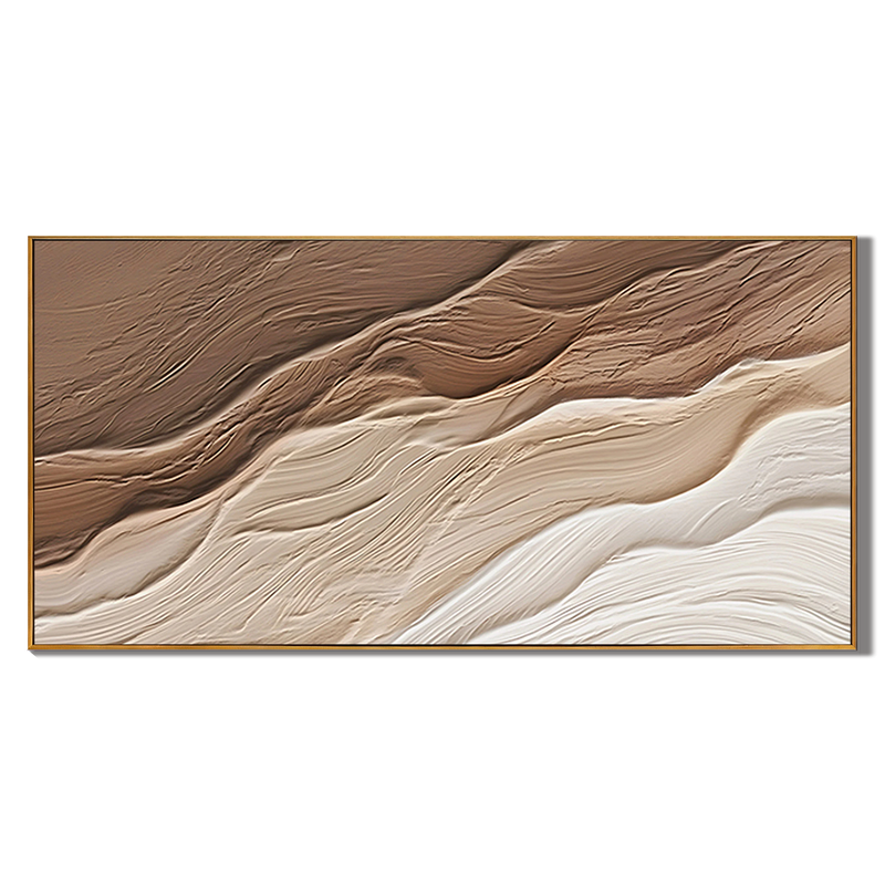 Sedimentary Flow – Hand-Painted Chocolate and Oat Linear Plaster Relief Texture Painting | Contemporary Plaster Texture Living Room & Office Art