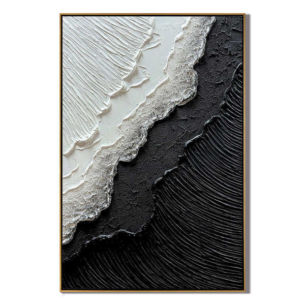 Onyx Split – Modern Black & White Plaster Relief Abstract Painting | Industrial Abstract Home Office & Living Room Art