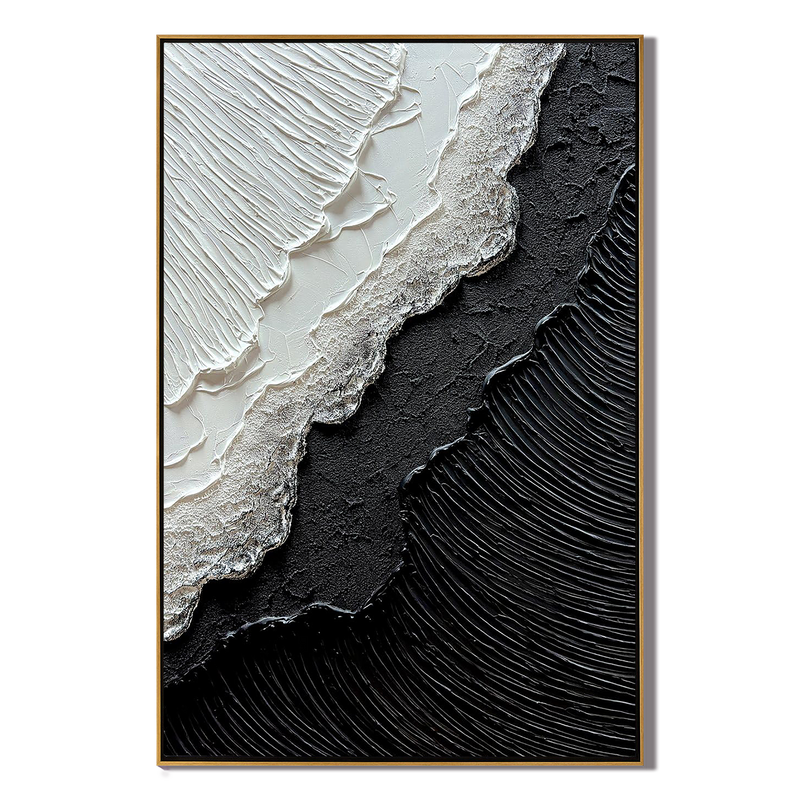 Onyx Split – Modern Black & White Plaster Relief Abstract Painting | Industrial Abstract Home Office & Living Room Art