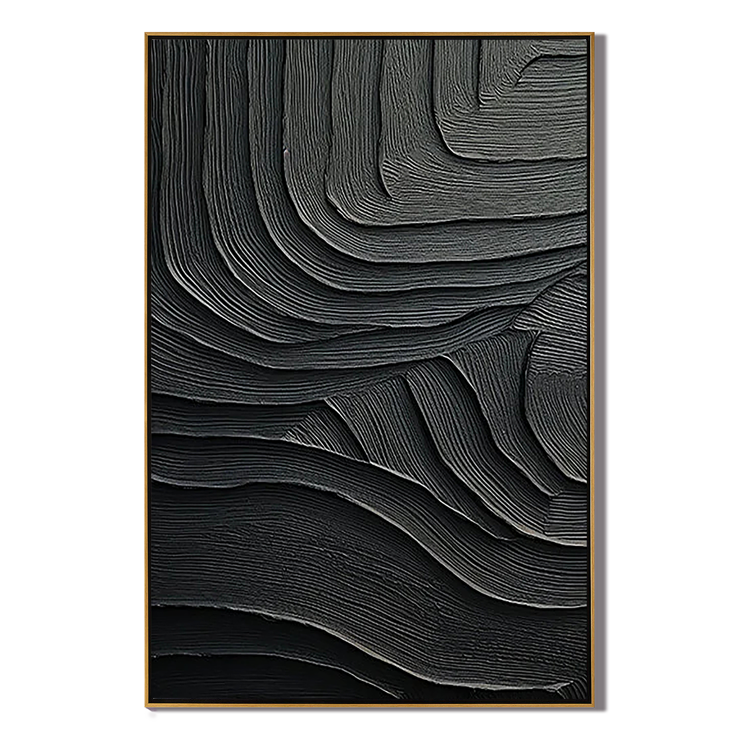 OBSIDIAN STRATA: Texture Wall Art, Hand-Painted All-Black Organic Wave Plaster Effect Heavy Texture Canvas Art