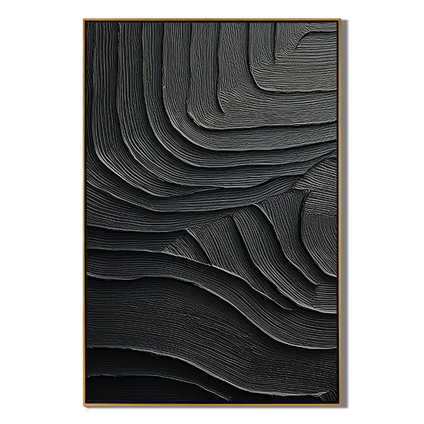 Obsidian Strata – Hand-Painted All-Black Organic Wave Plaster Effect Texture Painting | Modern Industrial Plaster Home Office & Living Room Art