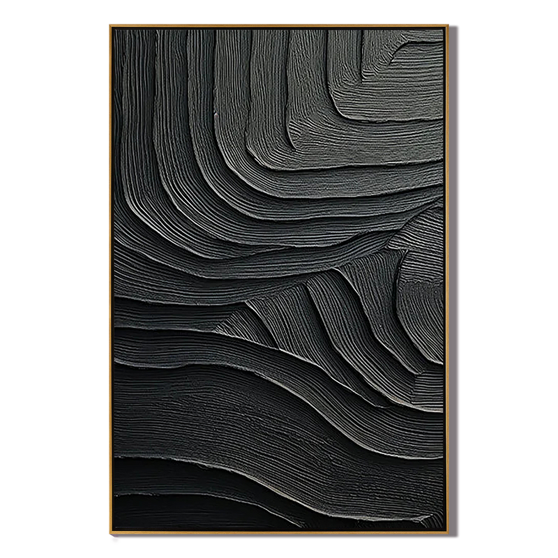 Obsidian Strata – Hand-Painted All-Black Organic Wave Plaster Effect Texture Painting | Modern Industrial Plaster Home Office & Living Room Art