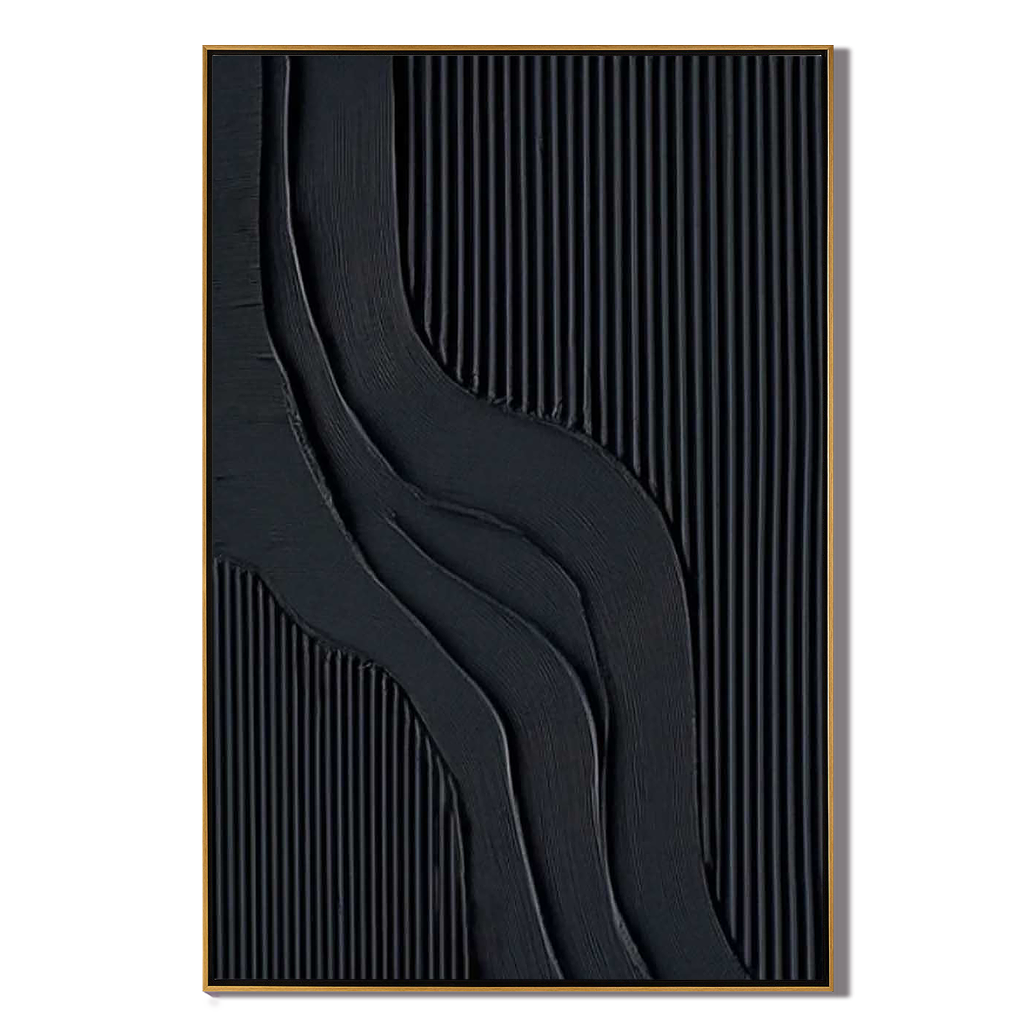 MIDNIGHT STRATA: Wabi-Sabi Wall Art, Hand-Painted Matte Black Fluted Texture 3D Relief Studio Art