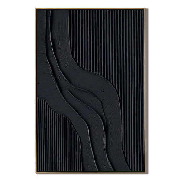 Midnight Strata – Hand-Painted Matte Black Fluted Texture 3D Relief Wabi-Sabi Painting | Japandi Wabi-Sabi Living Room & Bedroom Art