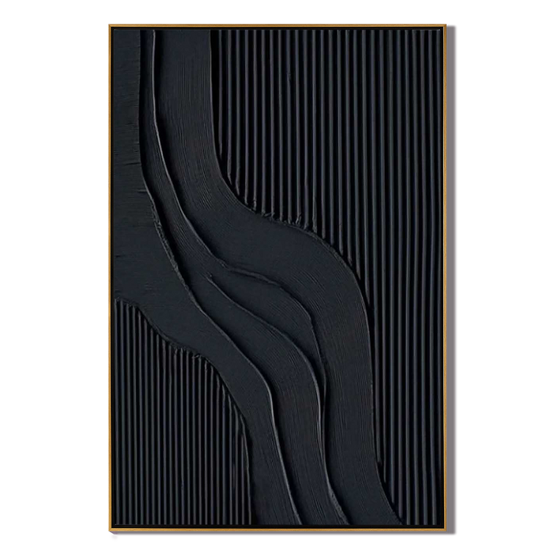 Midnight Strata – Hand-Painted Matte Black Fluted Texture 3D Relief Wabi-Sabi Painting | Japandi Wabi-Sabi Living Room & Bedroom Art