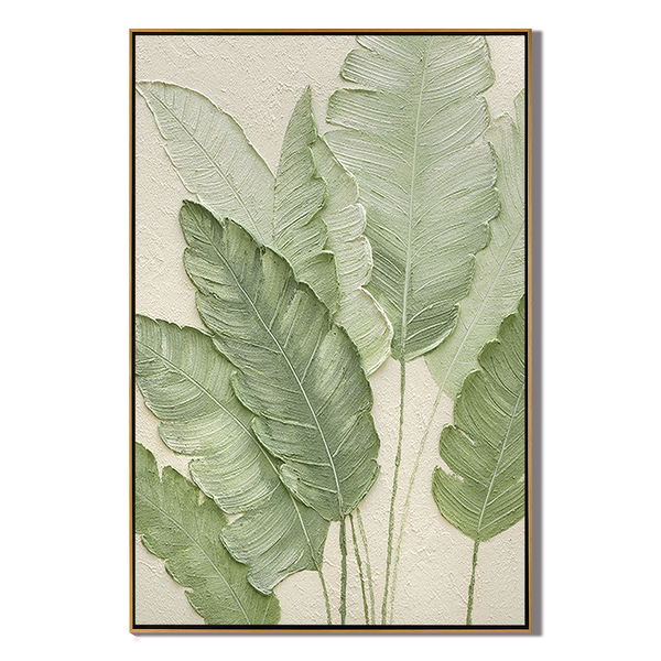 Emerald Whisper – Right-Facing Botanical Relief with Gold Edges Texture Painting | Modern Luxury Botanical Bedroom & Living Room Art