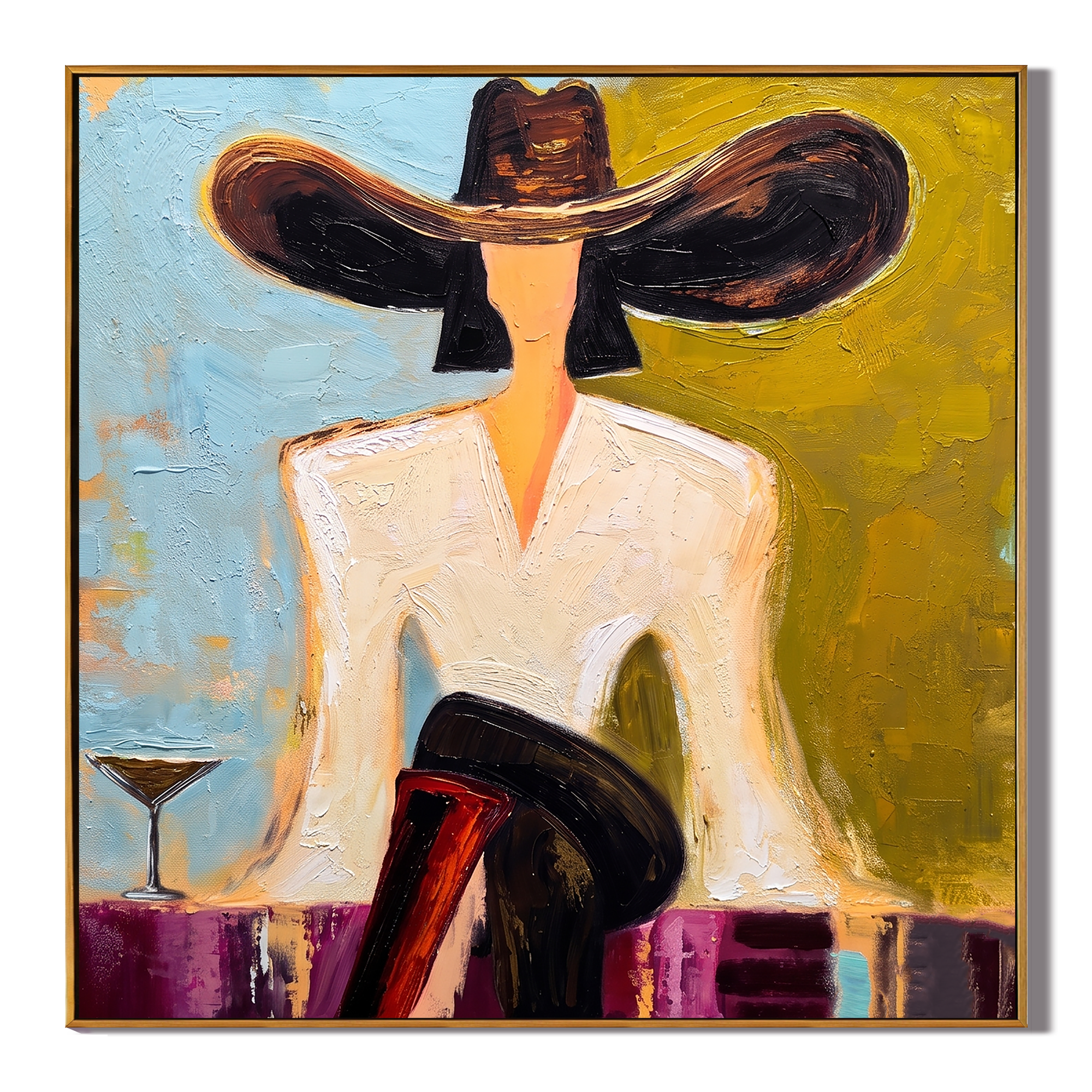 Black Brim Cocktail – Woman in Hat with Martini Painting | Vintage Americana Square Art