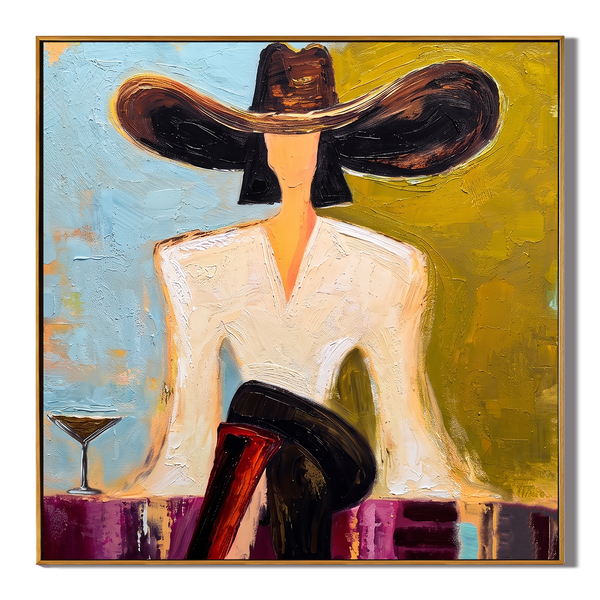 Black Brim Cocktail – Woman in Hat with Martini Painting | Vintage Americana Square Art