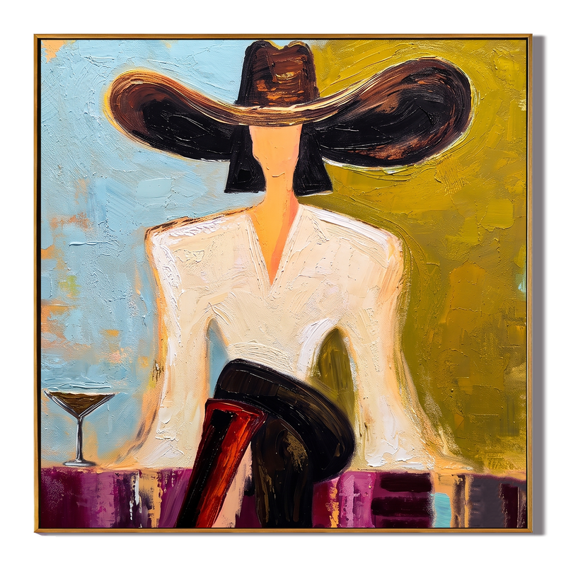 Black Brim Cocktail – Woman in Hat with Martini Painting | Vintage Americana Square Art