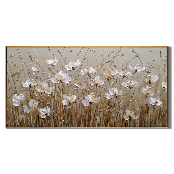 Autumn Whispers – Wabi-Sabi White Floral Earth Tone Impasto Canvas | Minimalist Living Room Wall Art